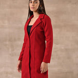 Red Long Trench Coat with Paneled Font and Button Detail - Lakshita