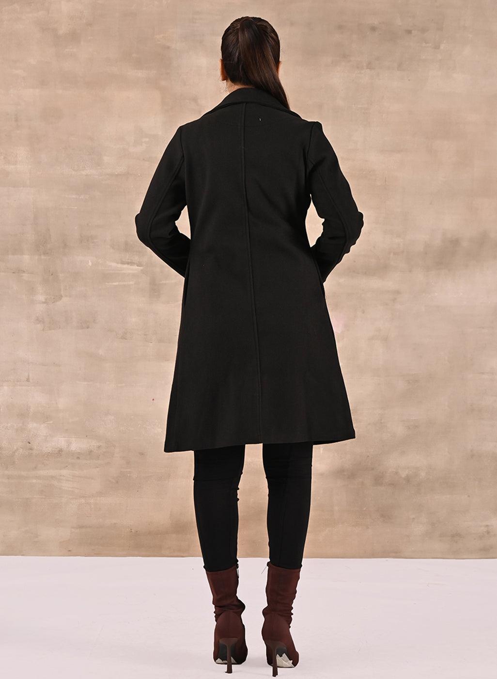 Black Long Trench Coat with Paneled Font and Button Detail - Lakshita