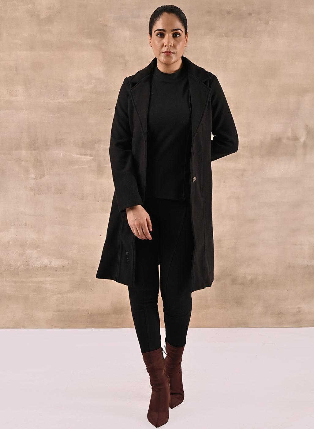 Black Long Trench Coat with Paneled Font and Button Detail - Lakshita