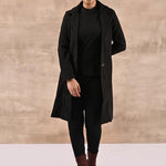 Black Long Trench Coat with Paneled Font and Button Detail - Lakshita