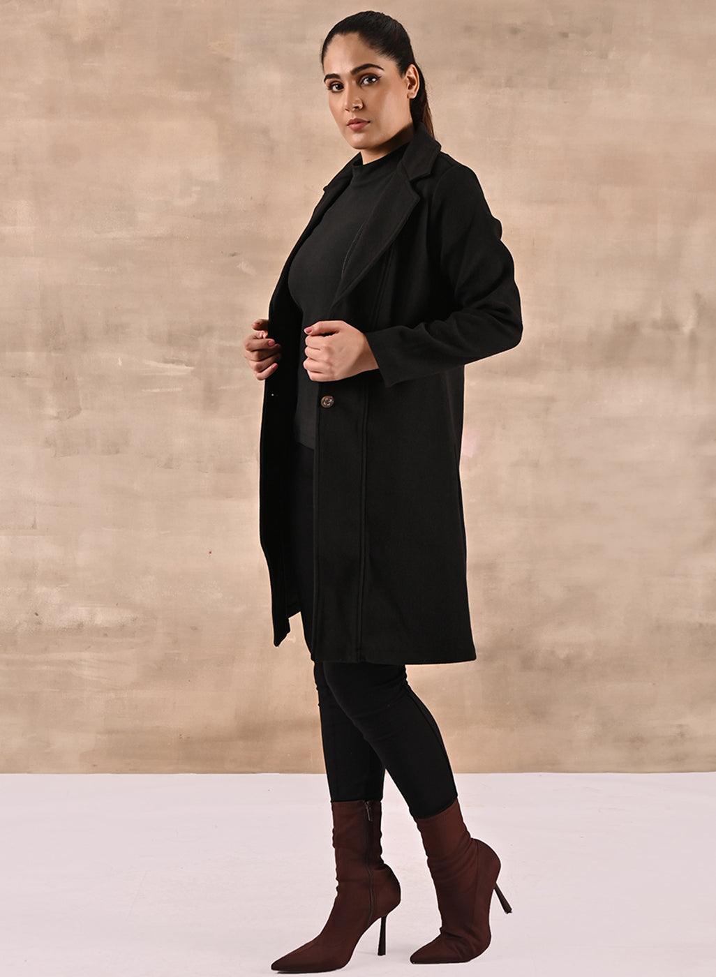 Black Long Trench Coat with Paneled Font and Button Detail - Lakshita