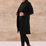 Black Long Trench Coat with Paneled Font and Button Detail - Lakshita