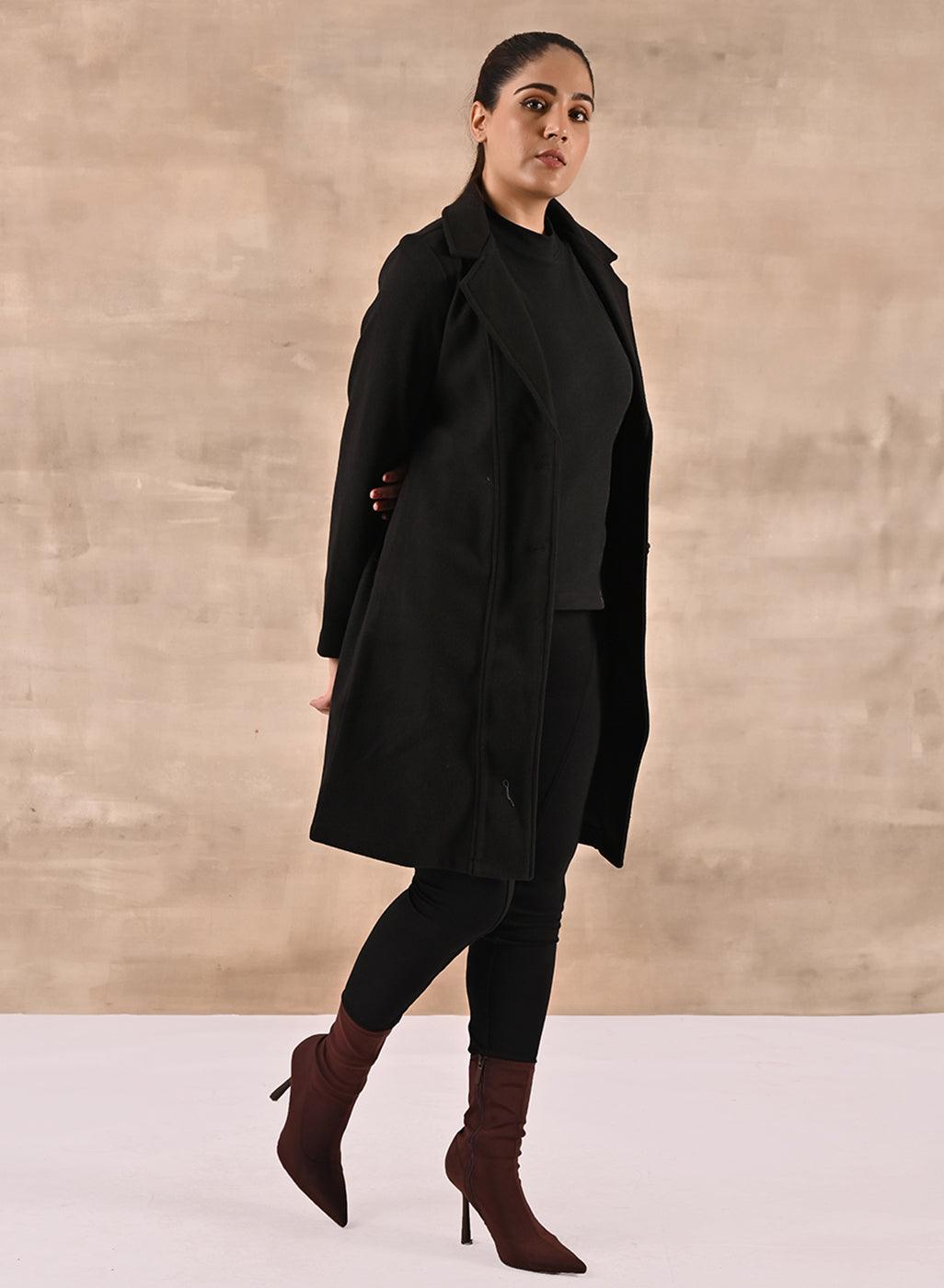 Black Long Trench Coat with Paneled Font and Button Detail - Lakshita