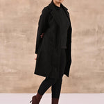 Black Long Trench Coat with Paneled Font and Button Detail - Lakshita
