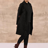 Black Long Trench Coat with Paneled Font and Button Detail - Lakshita