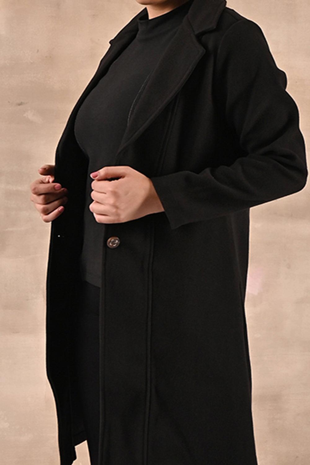 Black Long Trench Coat with Paneled Font and Button Detail - Lakshita