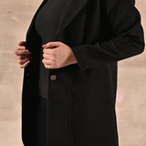 Black Long Trench Coat with Paneled Font and Button Detail - Lakshita