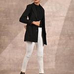 Grey Brushed Wool Long Sleeve Coat with Leather Piping - Lakshita