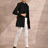 Grey Brushed Wool Long Sleeve Coat with Leather Piping - Lakshita