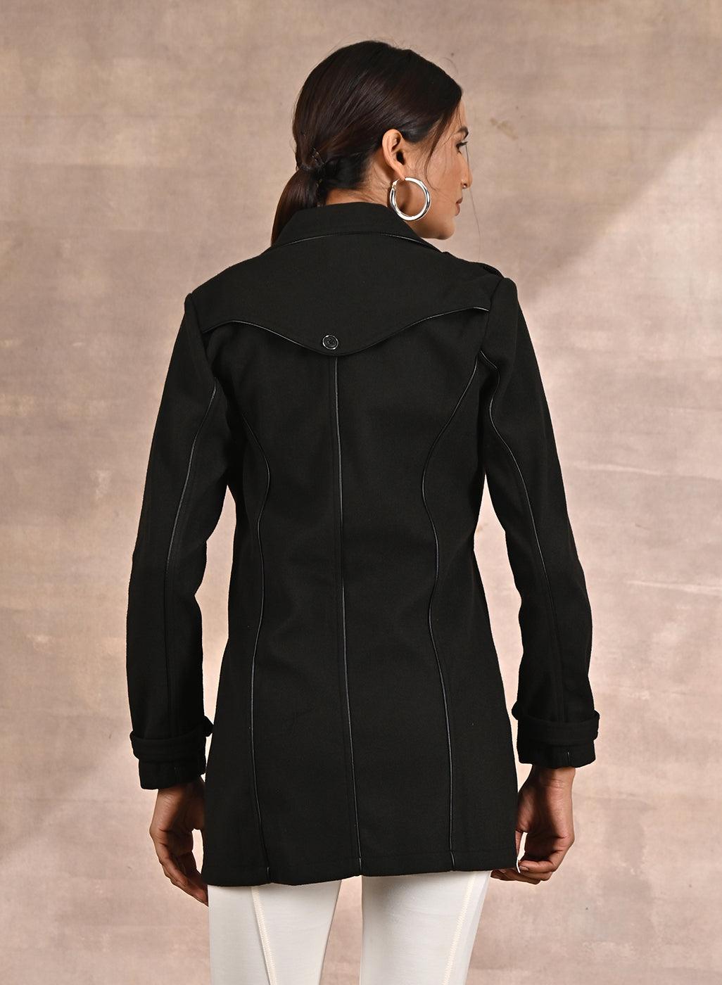 Grey Brushed Wool Long Sleeve Coat with Leather Piping - Lakshita