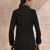 Grey Brushed Wool Long Sleeve Coat with Leather Piping - Lakshita