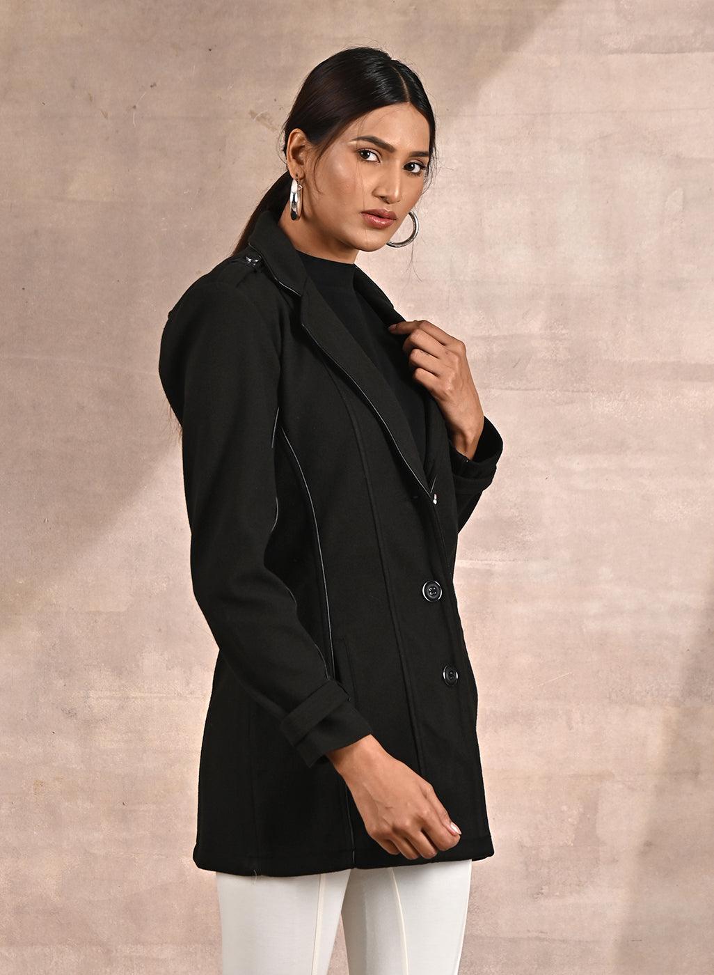 Grey Brushed Wool Long Sleeve Coat with Leather Piping - Lakshita