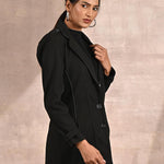 Grey Brushed Wool Long Sleeve Coat with Leather Piping - Lakshita