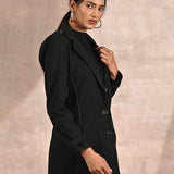 Grey Brushed Wool Long Sleeve Coat with Leather Piping - Lakshita