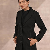 Grey Brushed Wool Long Sleeve Coat with Leather Piping - Lakshita