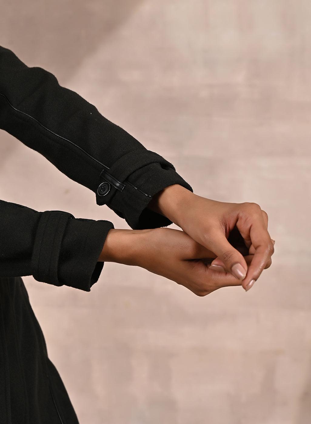 Grey Brushed Wool Long Sleeve Coat with Leather Piping - Lakshita