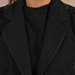 Grey Brushed Wool Long Sleeve Coat with Leather Piping - Lakshita