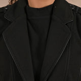 Grey Brushed Wool Long Sleeve Coat with Leather Piping - Lakshita