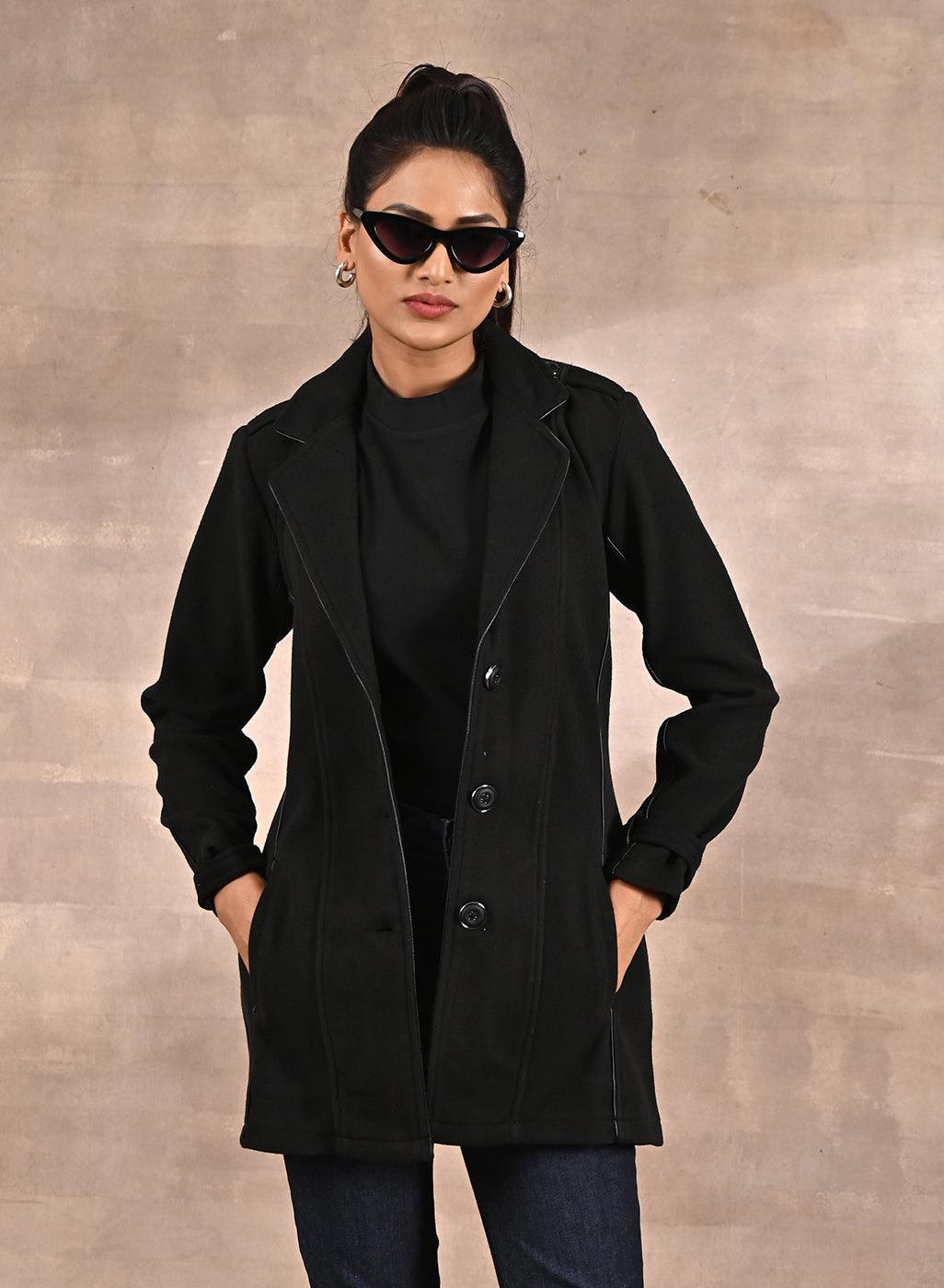 Black Brushed Wool Long Sleeve Coat with Leather Piping - Lakshita