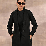 Black Brushed Wool Long Sleeve Coat with Leather Piping - Lakshita