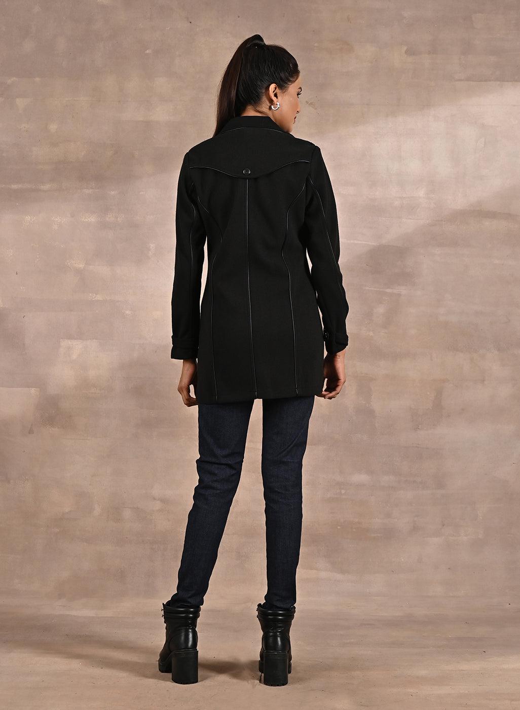 Black Brushed Wool Long Sleeve Coat with Leather Piping - Lakshita