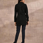 Black Brushed Wool Long Sleeve Coat with Leather Piping - Lakshita