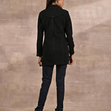 Black Brushed Wool Long Sleeve Coat with Leather Piping - Lakshita