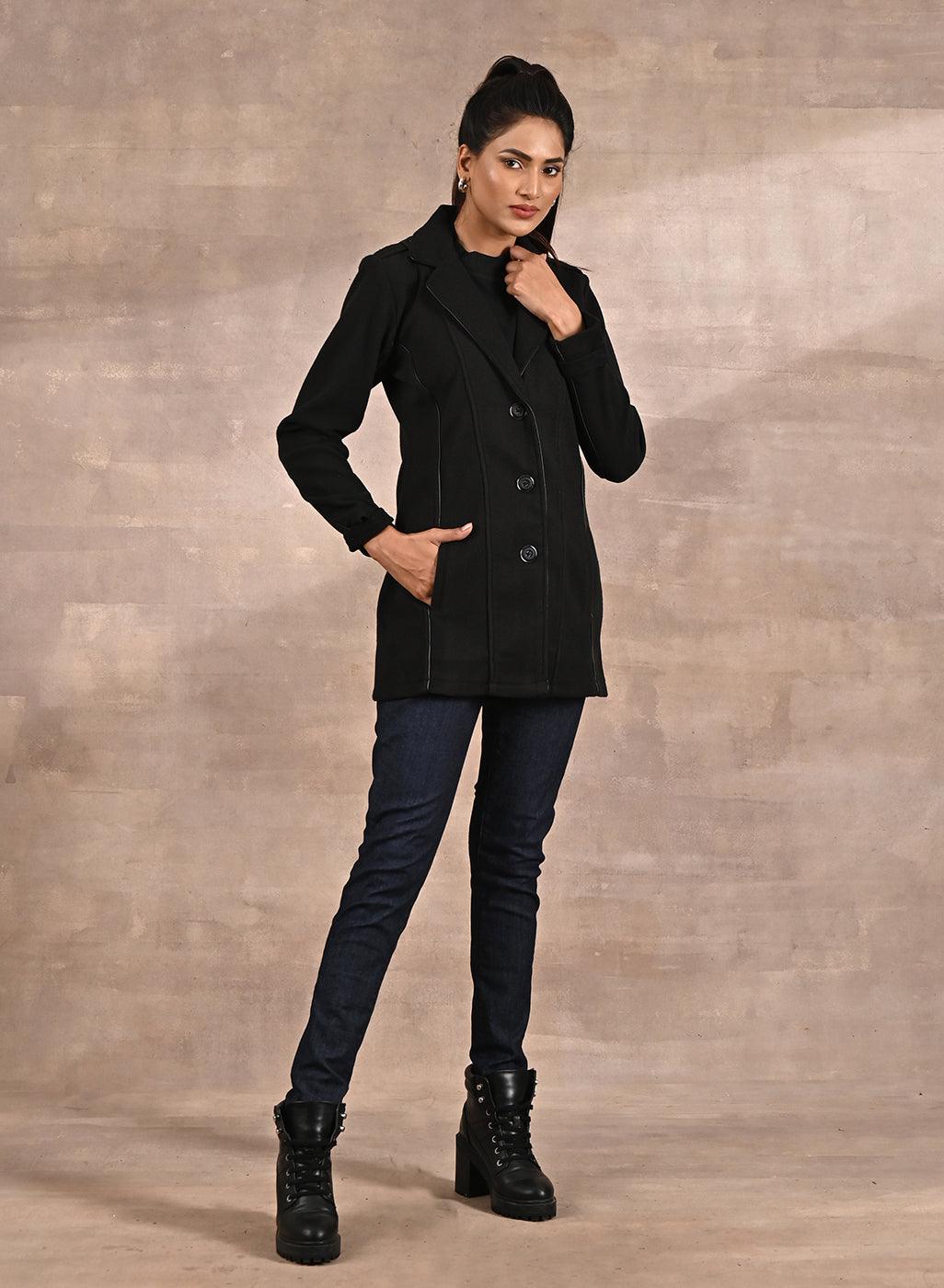 Black Brushed Wool Long Sleeve Coat with Leather Piping - Lakshita