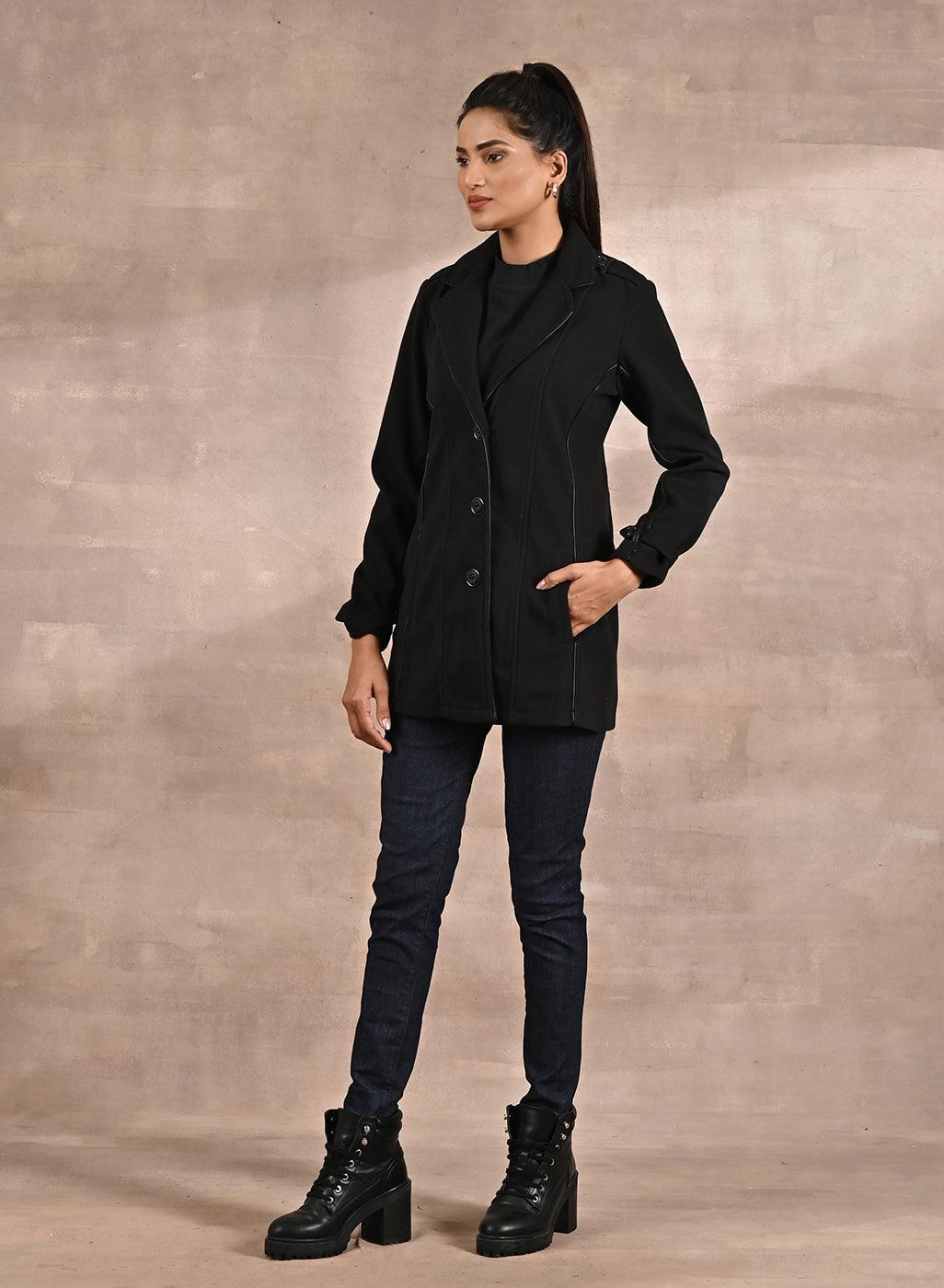Black Brushed Wool Long Sleeve Coat with Leather Piping - Lakshita