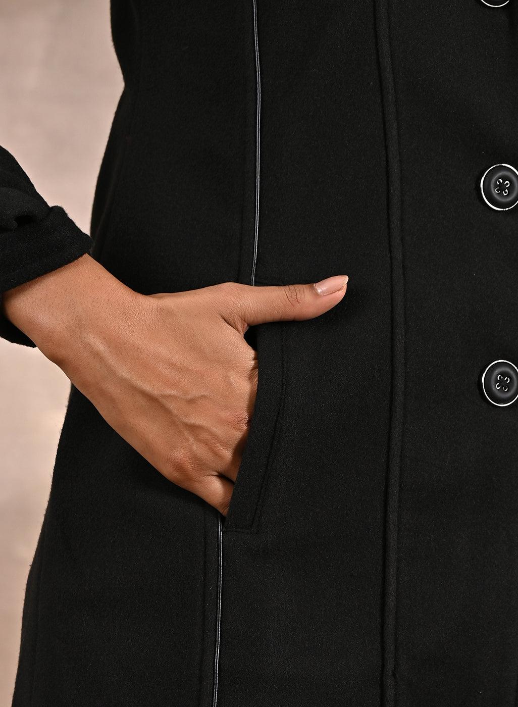 Black Brushed Wool Long Sleeve Coat with Leather Piping - Lakshita
