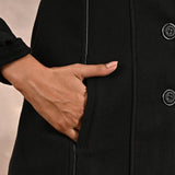 Black Brushed Wool Long Sleeve Coat with Leather Piping - Lakshita