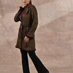 Olive Long Belted Trench Coat with Fur Detailing - Lakshita