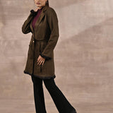 Olive Long Belted Trench Coat with Fur Detailing - Lakshita
