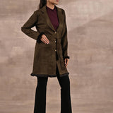 Olive Long Belted Trench Coat with Fur Detailing - Lakshita