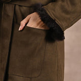Olive Long Belted Trench Coat with Fur Detailing - Lakshita