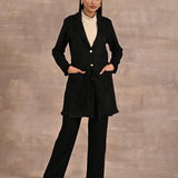 Black Long Belted Trench Coat with Fur Detailing - Lakshita