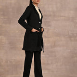 Black Long Belted Trench Coat with Fur Detailing - Lakshita