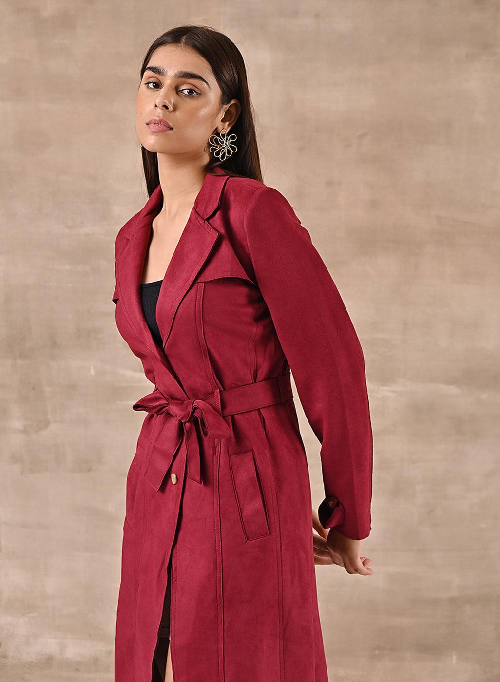 Red Long Over Coat with Notch collar and Slant Pockets - Lakshita