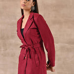 Red Long Over Coat with Notch collar and Slant Pockets - Lakshita