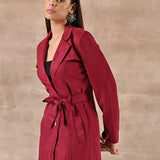 Red Long Over Coat with Notch collar and Slant Pockets - Lakshita