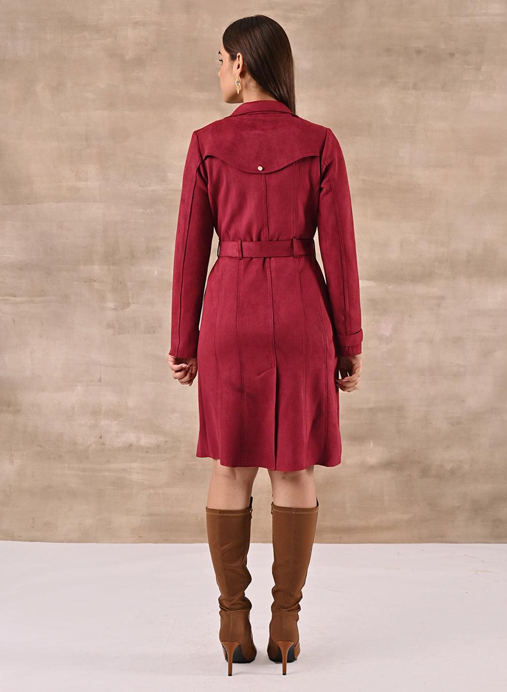 Red Long Over Coat with Notch collar and Slant Pockets - Lakshita