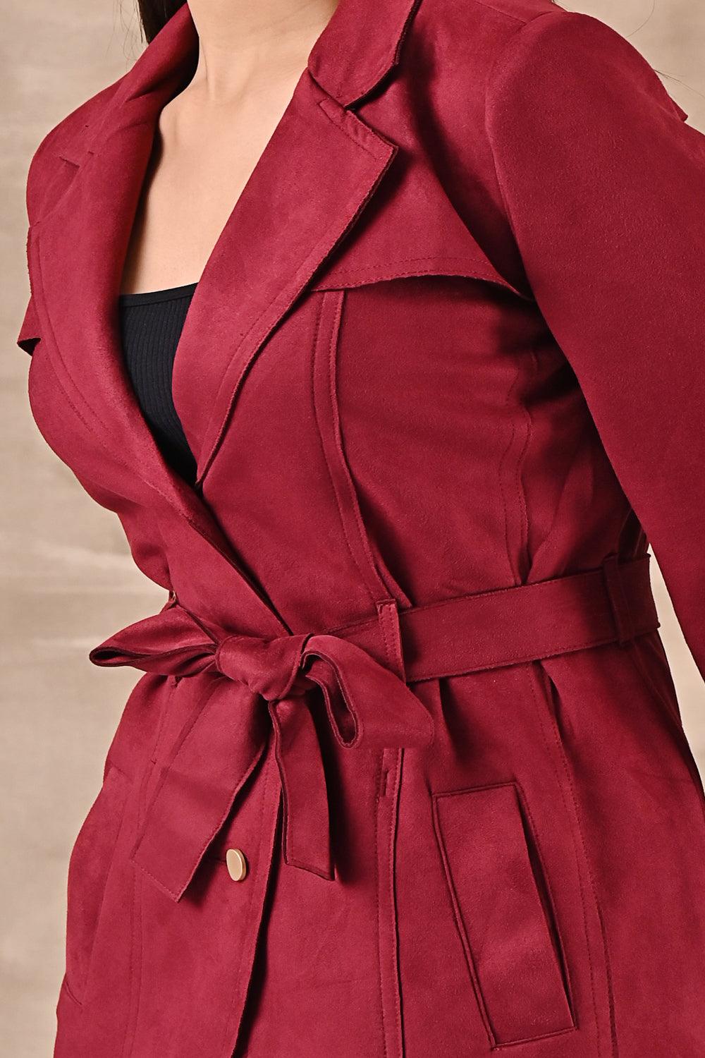 Red Long Over Coat with Notch collar and Slant Pockets - Lakshita