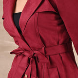 Red Long Over Coat with Notch collar and Slant Pockets - Lakshita