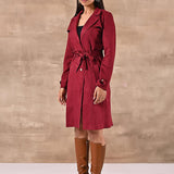 Red Long Over Coat with Notch collar and Slant Pockets - Lakshita