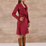 Red Long Over Coat with Notch collar and Slant Pockets - Lakshita