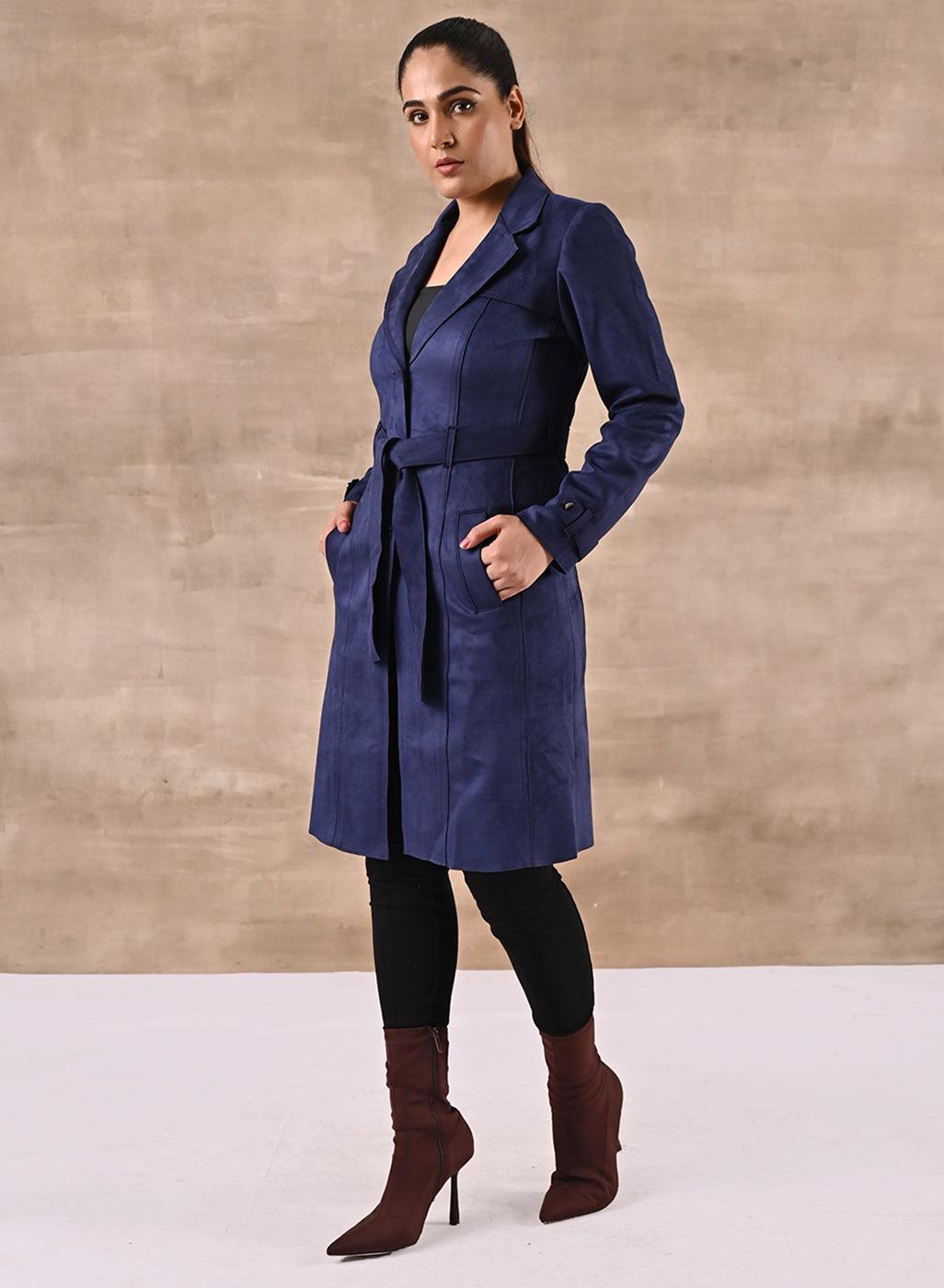 Navy Blue Long Over Coat with Notch collar and Slant Pockets - Lakshita