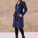 Navy Blue Long Over Coat with Notch collar and Slant Pockets - Lakshita
