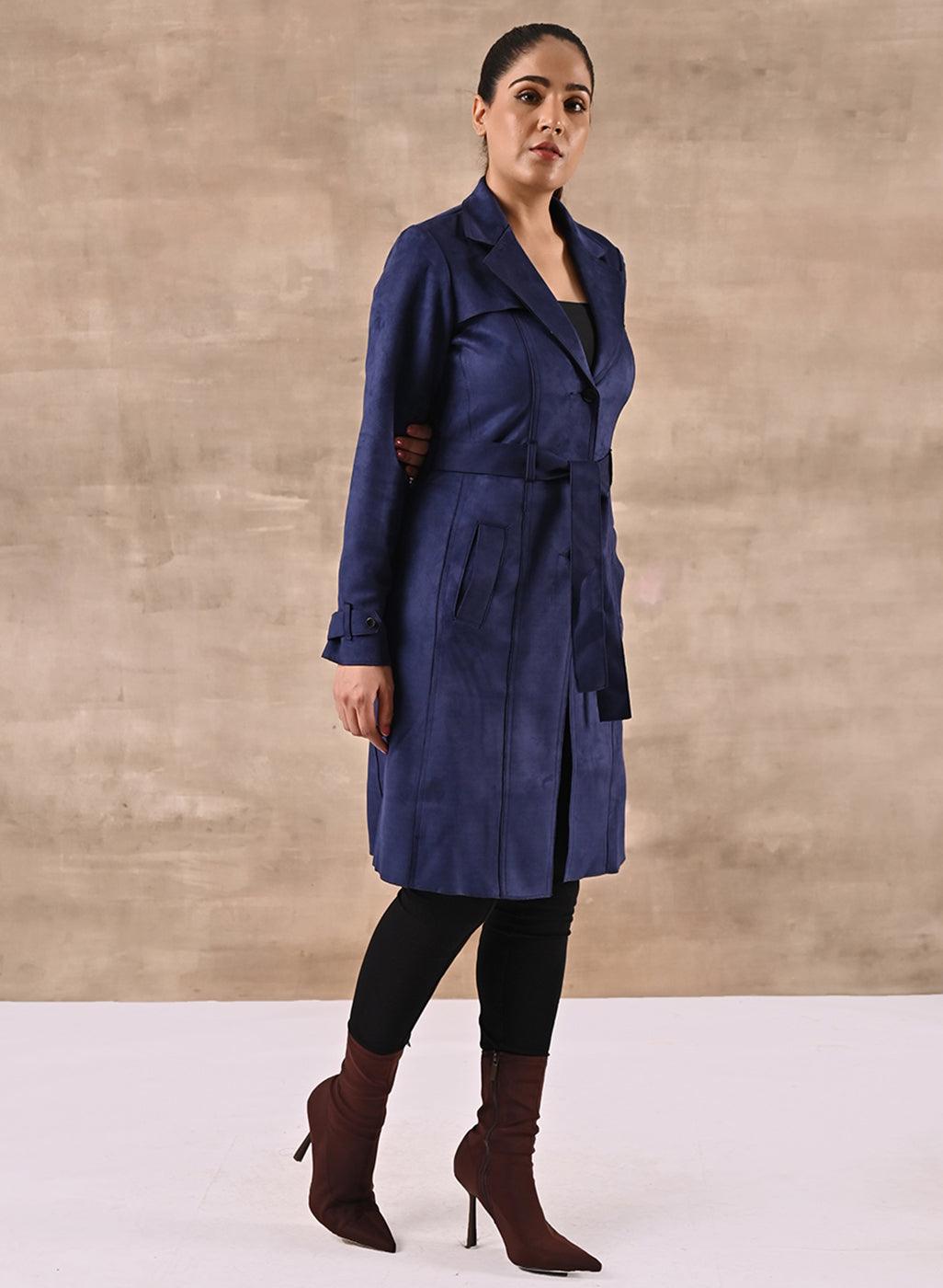 Navy Blue Long Over Coat with Notch collar and Slant Pockets - Lakshita