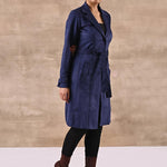 Navy Blue Long Over Coat with Notch collar and Slant Pockets - Lakshita