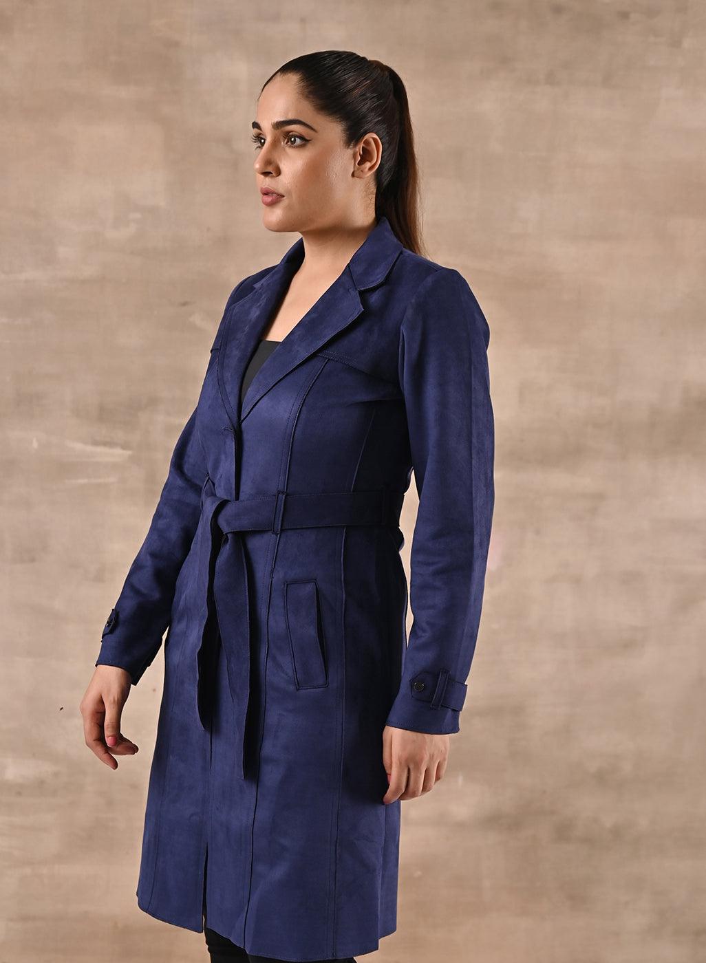 Navy Blue Long Over Coat with Notch collar and Slant Pockets - Lakshita